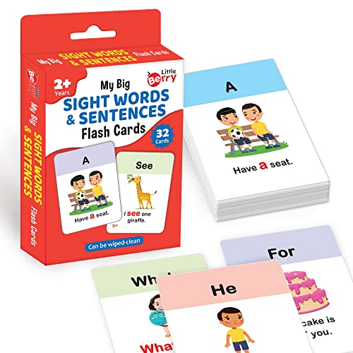 Image of Big Flash Cards for Kids: Sight Words & Sentences | 32 Double-Sided Picture Cards, Durable & Water Resistant | Early Learning & Development Toy for Preschoolers & Toddlers 2-6 Years