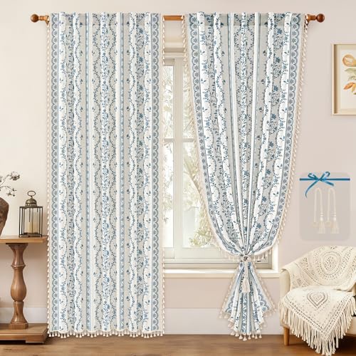 Image of Yinhua Boho Curtains for Living Room 63 Inch Length Vintage Linen Curtains for Bedroom Light Filtering Floral Window Curtain Rod Pocket & Back Tabs Rustic Tassel Drapes with Tiebacks, White Blue