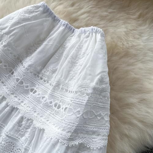 Women Embroidered Vintage Hollow Out Bohemian Dress Off Shoulder Elastic Waist Midi Skirts4