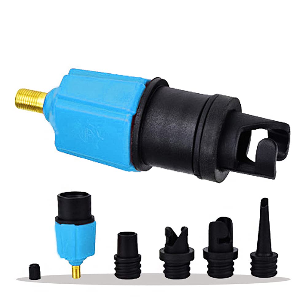Sprężarka do nadmuchiwanych zaworów pompy, adapter do wentylu z 4 dyszami, koło do pływania, basenu, łóżek nadmuchiwanego łóżka, sofy, łodzi, kajaka, niebieski