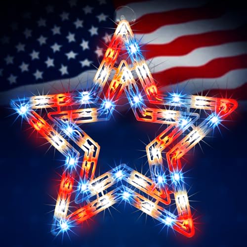 LAMPHOME 14 Red White Blue Star Window Silhouette Lights 4th of July Lights Patriotic Red White and Blue Memorial Day Decorations for Independence Day Indoor Outdoor Holiday Home Yard Light Up