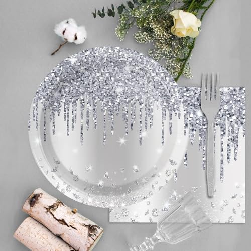 Image of 96 Pieces Silver Glitter Party Tableware Set for Denim and Diamonds Party Decorations Silver Plates and Napkins Forks Glitter Diamonds Theme Birthday Table Decorations for 24 Guests Parties Supplies