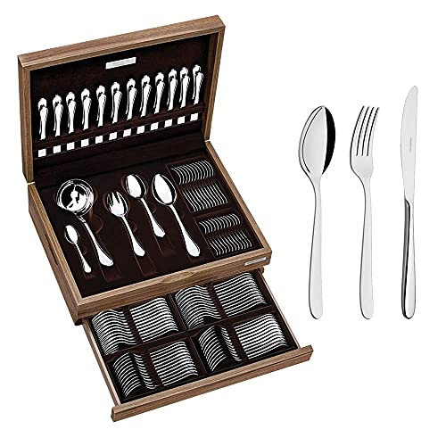 Faqueiro Tramontina Cannes em Aço Inox com Facas de Mesa Forjadas Acabamento Alto Brilho e Estojo de Madeira 101 Peças