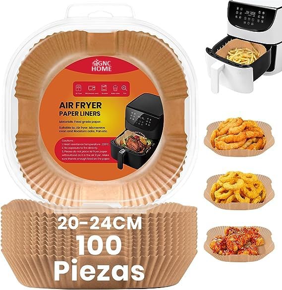 Papel para freidora de aire, Papel horno freidora aire cuadrado, Papel de pergamino antiadherente desechable sin perforar para freidora hornear, asar para Microondas Sartén (20cm) [Pack 100 Piezas]