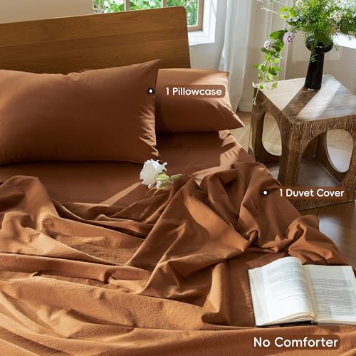 Image of MooMee Duvet Cover Set 100% Washed Cotton Linen Like Twin | Relaxed Linen-like Texture. Soft, Breathable & Long-lasting Comfort. Lightweight. Hidden Zipper with 8 Interior Corner Ties