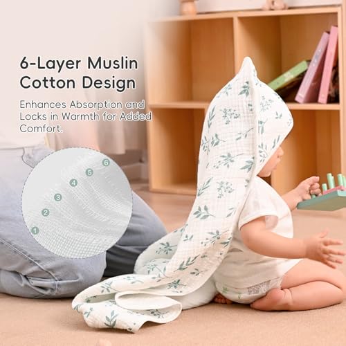 Image of PHF 100% Muslin Cotton Baby Hooded Towels, 2 Pack Bath Towel with Hood for Newborn, Infant, Toddler, Ultra Soft and Absorbent Baby Bath Essentials, Shower Gifts for Boys Girls, 32x32Inch, Leaf