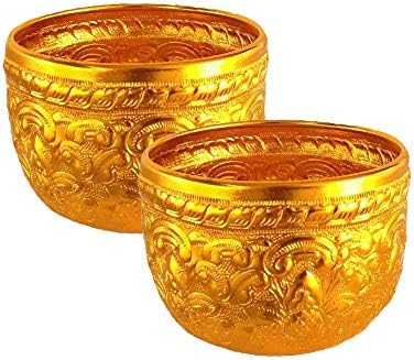 MKTROD 2X ALUMINIUM BOWLS VINTAGE WATER ART THAI TRADITION GOLDEN COLOR DÉCO CLASSIC GIFT