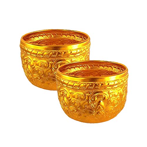 Mktrod 2X Aluminium Bowls Vintage Water Art Thai Tradition Golden Color Déco Classic Gift #TOP2