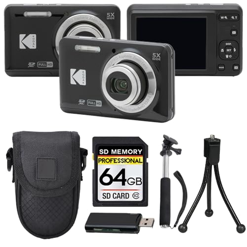 Kodak PIXPRO FZ55 Digital Camera, 16MP Compact Point & Shoot, 5X Optical Zoom, 28mm Wide Angle Lens, 1080P HD Video, Black + 64GB SD Card, Case, Selfie Stick, Mini Tripod & USB Card Reader - image 1