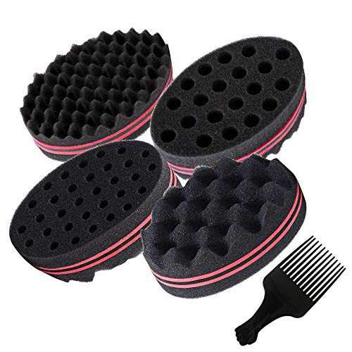 Small Big Holes Barber Sponge for Curl Hair Pick, Twist Comb Sponge, Magic Sponge Afro Brush, Hair Sponge for Curls with 6.02 Inch Free Hair Pick Comb (4 PACK)