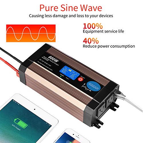 GISIAN 600Watt Pure Sine Wave Power Inverter 12V DC to 110V AC with LCD Display, Dual USB Ports and 2 AC Outlets, Perfect for CPAP RV Car Solar System Emergency