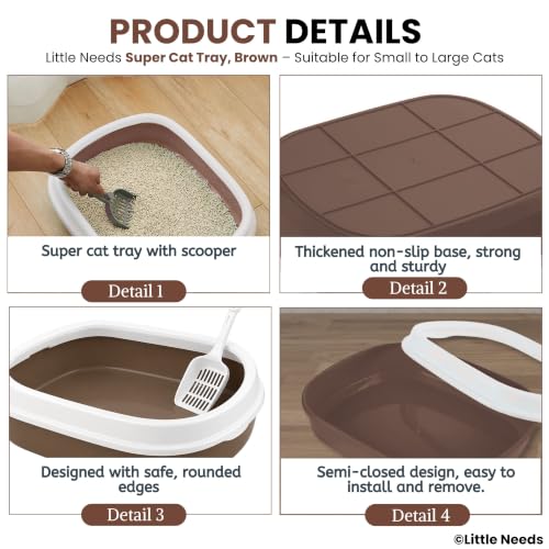 Image of Cat Litter Tray with Rim & Scooper (Brown, 46 x 38 x 13 cm) | Spacious Open Litter Box for Cats & Kittens | High Sides for Reduced Spills | Durable, Sturdy & Easy to Clean Toilet Tray