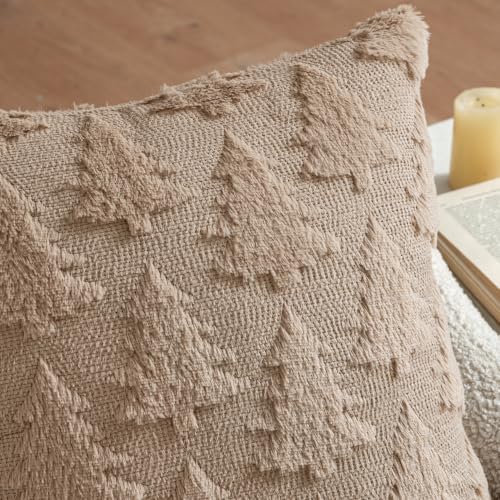 Image of MIULEE Christmas Throw Pillow Covers Light Brown Christmas Decorations Set of 2 Xmas Tree 18x18 Pillow Covers Soft Plush Faux Wool Pillowcases Holiday Festivals Winter Home Decor Sofa Couch Bed Porch
