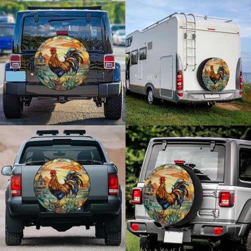 Image of Spare Tire Cover for RV Trailer, Glass Rooster Tire Covers Universal Fit for Travel Trailer Camper Jeep RV SUV Truck Waterproof Wheel Cover (15 inch for Diameter 27 inch - 29 inch),A-784