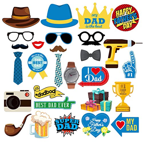 Fathers-Day Anniversary Party-Decorations Photo-Booth Props - 28Pcs Diy Funny Glasses Cap 2023, Blue Yellow Photography Props Decor,Happy Father's Day Favors Gifts Supplies Ouruola #TOP5
