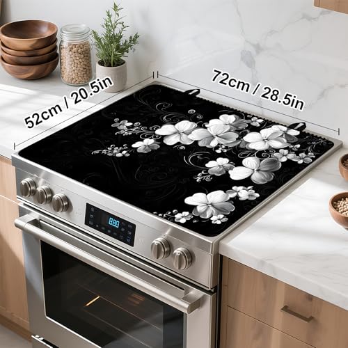 Image of Stove Top Cover Retro Flower Gas Stove Top Cover for Home Decoration Kitchen Pad Non-Stick Washable Cooktop Covers Countertop Protector Keep Stove Clean 28 inchx20 inch (White flower-2)