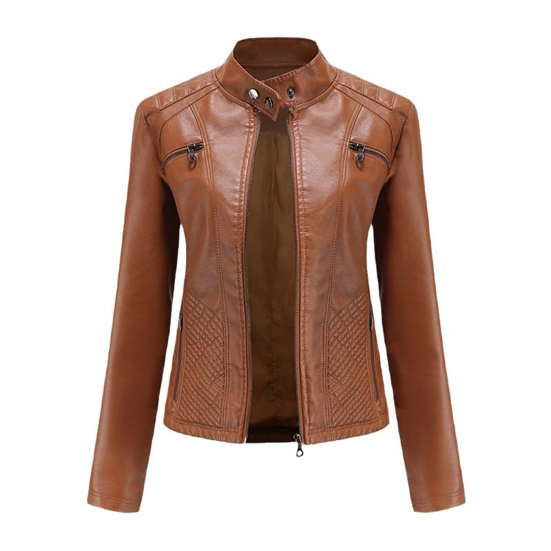 Veste en cuir synthétique femme kaki L veste moto à col montant
