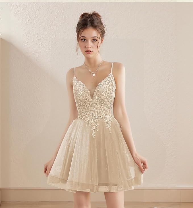 Sparkly Tulle Homecoming Dresses 2025 Lace Applique Spaghetti Straps Short Prom Dress for Teens Quinceanera DAMA Dress4