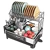 romision 2 Tier Dish Drying Rack, Large Dish Rack with 360° Swivel Spout, 304 Stainless Steel Dish Drainer Rack, Draining Board Rack for Kitchen Counter with Utensil Holder, Silver