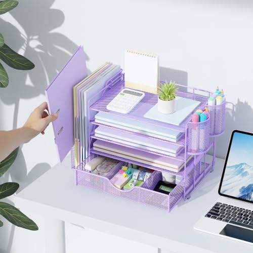 Image of gianotter 5-Tier Desk Organizer with Drawers and File Holders | Letter Trays and Pen Holders - Workspace Accessories for Office Supplies (Light Purple)