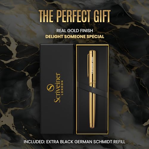 Image of Scriveiner Personalized Gold Rollerball Pen - Stunning Luxury Pen, Real Gold Plating, Schmidt Ink Refill, Best Engraved Roller Ball Gift Set for Men & Women, Custom Name Engraving