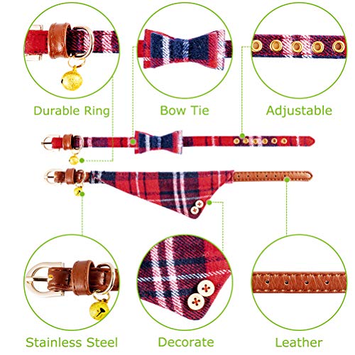 Image of EXPAWLORER Dog Collar and Leash Set - Classic Plaid Dog Bow Tie and Dog Bandana Collar with Bell, Dog Leash Tangle Free, Adjustable Collars for Small Medium Large Dogs Cats, Holiday Ideal Gift