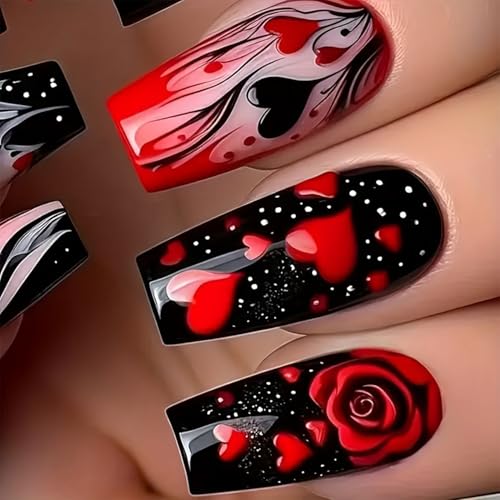 24Pcs Valentines Press On Nails Medium Square Fake Nails Red Black Heart Nails Press Ons with Love Rose Designs False Nails Full Cover Glue On Nails Glossy Stick On Nails for Women