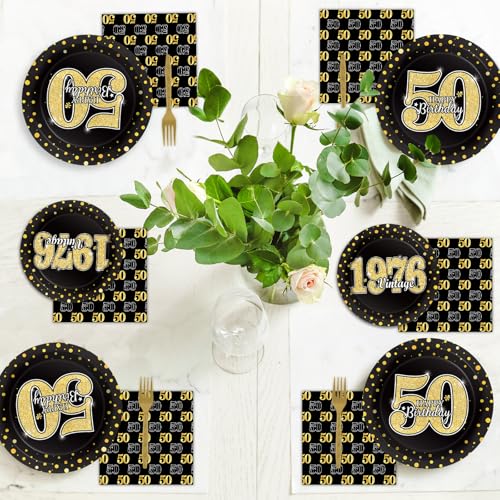 Image of 200Pcs 50th Birthday Party Decorations Vintage 1976 Paper Plates and Napkins Black Gold 50 Year Old Disposable Tableware Set for Men Women 50th Birthday Anniversary Party Favors Supplies Serves 50