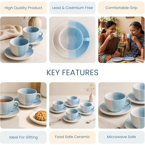 Image of The Earth Store TT Blue Ceramic Cappuccino Cup with Saucer Set of 4 | 250ML Coffee & Tea Cups | Microwave & Dishwasher Safe |Stylish Cups for Home, Cafe & Gifting