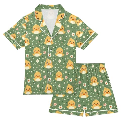 senya Cute Duck Faces A Satin Summer Pajama Sets Silk Short Sleeve Button Down Sleepwear