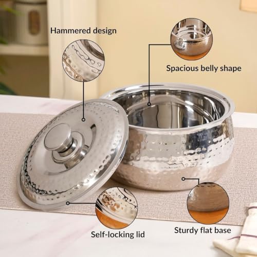 Image of Nestasia Stainless Steel Insulated Casserole with Lid (2000 ml) - 100% Food Safe Hammered Roti Server with Self Locking Lid - Retains Heat & Freshness | Rust Resistant & BPA - Free Chapati Casserole