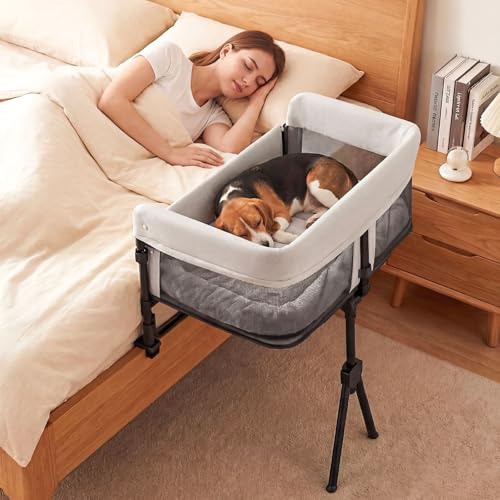 JinxZap Bedside Dog Bed Adjustable to Human Bed Height 11-Inch Guardrail Foldable & Portable Pet Bed Attachment Improves Owners Sleep Quality for Small Size Dogs (<40 LBS) & All Cats