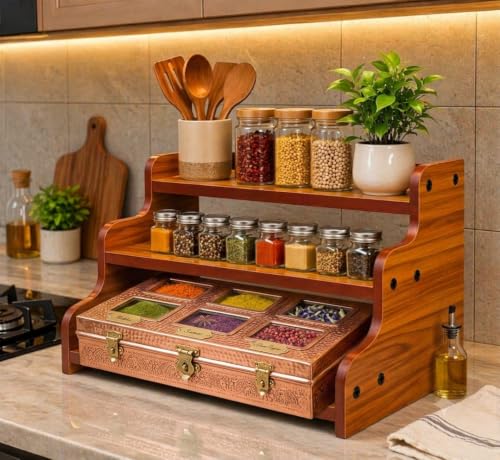 Image of 3-Tier Spice Rack, Wood Step Shelf Countertop Spice Storage Holder, Kitchen Pantry Cabinet Organizer Cupboard for Spice Bottles, Jars, Seasonings, Baking Supplies
