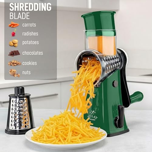 Image of Zulay Kitchen Rotary Cheese Grater 5 Blade Cheese Shredder - Manual Hand Crank Cheese Grater With Reinforced Suction & 5 Interchangeable Drums - Easy to Use, Vegetable Chopper Round Mandoline Slicer