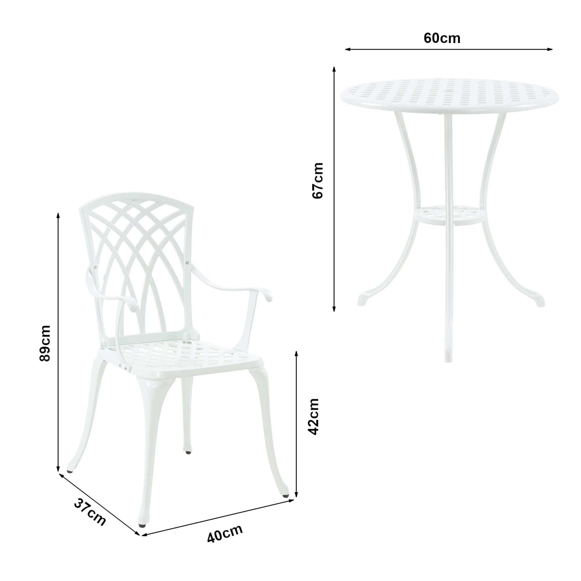 casa.pro Set da Bistrot in Alluminio Pressofuso con 2 Sedie con Braccioli e Tavolo Rotondo Motivo Intrecciato Ideale per Giardino Balcone Caffetterie - Bianco