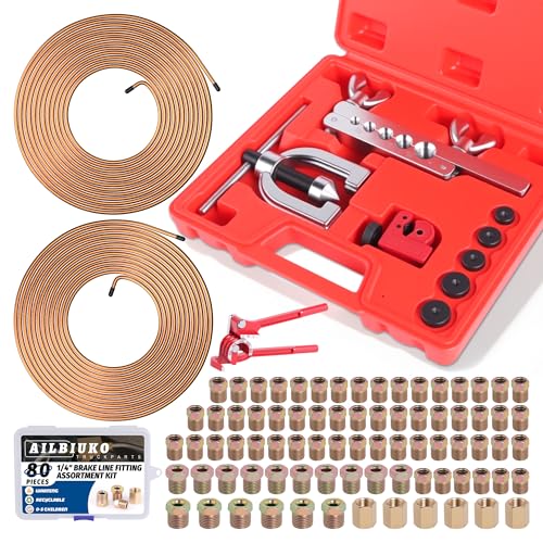 Ailbiuko 1/4 Brake Line Repair Kit Double & Single Brake Line Flaring Tool Kit + 2 Set 25ft 1/4 Inch Brake Line with 80 Pcs Fittings(6 Unions Included) + Brake Line Bender