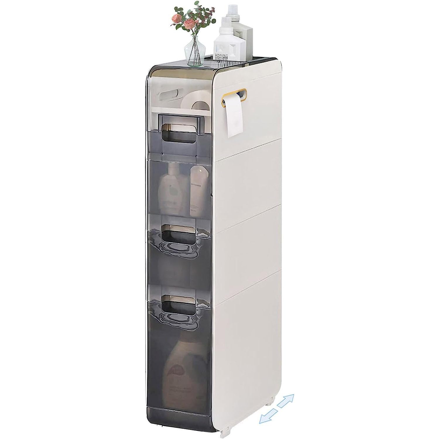 Armadietto da Pavimento per Bagno a 4 Livelli Organizer per Asciugamani Stretto e Sottile unità angolare Laterale con cassetti Trasparenti e rotelle per Cucina minuscola Lavanderia