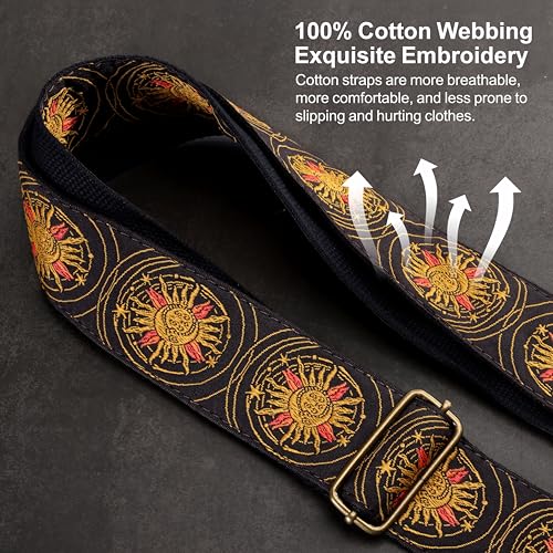 Image of Nefelibata Guitar Strap,Jacquard Embroidery Cotton Guitar Straps with Crazy Horse Leather Ends for Bass, Electric & Acoustic, Best Gifts for Kids, Guitarists(Yellow Sun Embroidery)