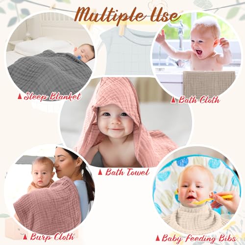 Image of VitalCozy 12 Pcs Baby Muslin Hooded Bath Towels and Washcloths, Muslin Hooded Baby Towels Absorbent Blankets for Gift Newborn Infant Shower (Pastel)