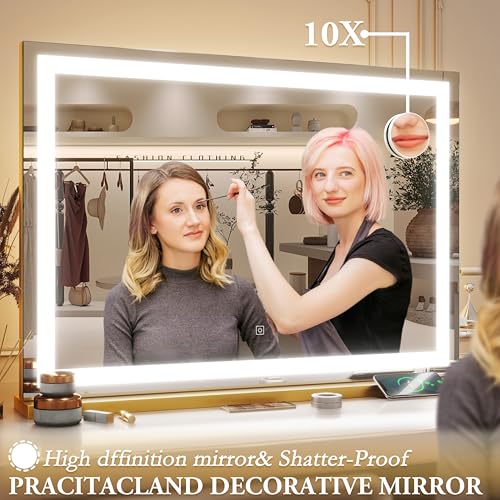 Vanity Mirror with Lights, 32" x 22" Large Lighted Vanity Mirror with Dimmable 3 Modes, LED Makeup Mirror, 10X Magnification, USB Charging Port, Tabletop or Wall-Mounted Square Gold