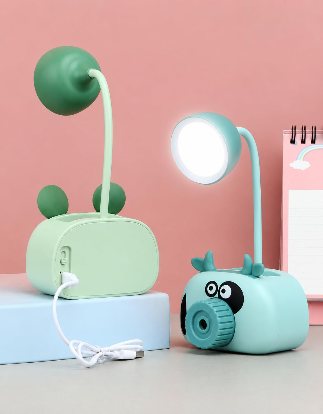2 in 1 Pencil Sharpener and Lamp, Cartoon Pig Pencil Sharpener and Mini Table Lamps, USB Charger, LED Lamp's, Learning Tool, Eye Protection Lamp to Avoid Myopia-image-13