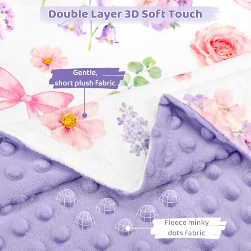 Image of Pea Pod Baby Girls Blanket Soft Floral Minky Blanket for Newborn, 30'' x 40'' Double Layer Design, Dotted Backing Breathable Bows Baby Quilt Crib Blanket for Nursery /Stroller /Toddler Bed /Baby Car Seat