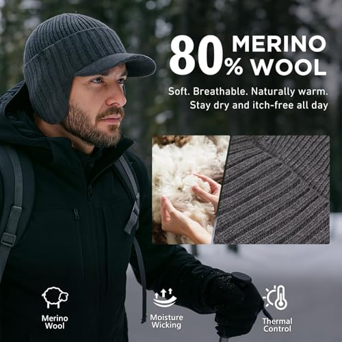 TOP-EX DryKnit™ Waterproof 80% Merino Wool Peaked Beanie Hat Men with Ear Flaps & Fleece Lined, Winter Thermal Golf Visor Beanie Hat for Cold Weather, M-XXL - Image 4