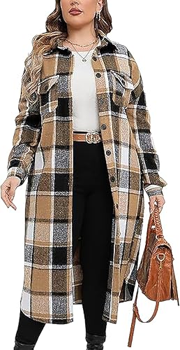 Jhsnjnr Damen Oversize Flanell Kariert Hemd Herbst Holzfäller Jacke Shacket Langarm Knopfleiste Lang Wintermantel