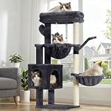 Heybly Arbol Rascador para Gatos, Arbol Gato de 100 cm de Altura con Plataforma Grande, Cueva, 2 Hamacas, Juguetes y Árbol para Trepar con Rascador, Gris Ahumado HCT006SG