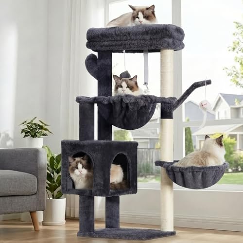 Heybly Arbol Rascador para Gatos, Arbol Gato de 100 cm de Altura con Plataforma Grande, Cueva, 2 Hamacas, Juguetes y Árbol para Trepar con Rascador, Gris Ahumado HCT006SG