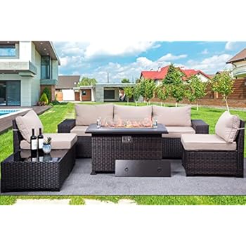 Alternative view of RTDTD Outdoor Patio Furniture Set with Propane Fire Pit Table, 7 Pieces Outdoor Furniture Patio Sectional Sofa Conversation Sets w/ETL Approved 43" Gas Outdoor Fire Table & Coffee Table (Brown)