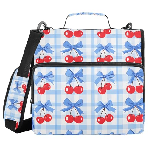 Image of 3 Ring Zipper Binder with Shoulder Strap Cherry Blue Bow 1.5 inch Binders Keeper Large Capacity Multi Pockets for School Office Supplies