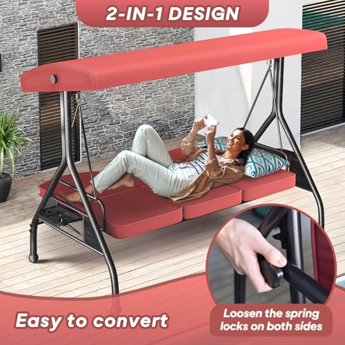 Image of ZZW 3 Seat Outdoor Porch Patio Swing with Stand 800lbs 2-in-1 Convertible Swing Bed with Adjustable Canopy & Removable Cushion for Yard Garden Deck (Red, Round Tube)