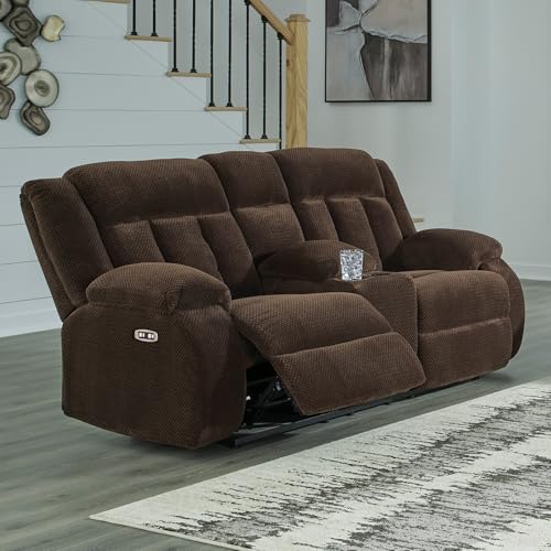 Image of Signature Design by Ashley Power Reclining Loveseat with Console, Free Wake, Wall Hugger Design with Zero-Draw USB Ports, Extra Plush Velvet Upholstery, Chocolate, 75 inch W